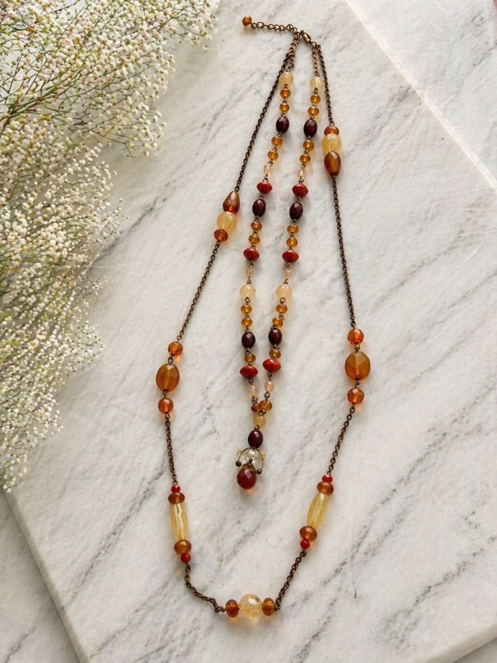 Boho Multi strand Layered Amber Bead Necklace - Picture 2 of 3